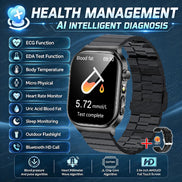 A black smartwatch with a matching metal link band shown on a blue promotional graphic. The watch screen displays health metrics and a blood test icon.