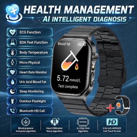 A black smartwatch with a matching metal link band shown on a blue promotional graphic. The watch screen displays health metrics and a blood test icon.