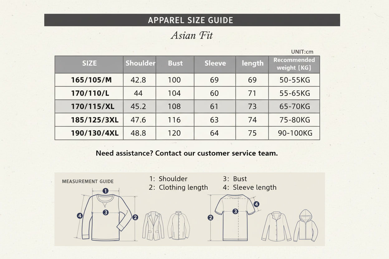 Asian size chart for clothing with measurements and weight recommendations.