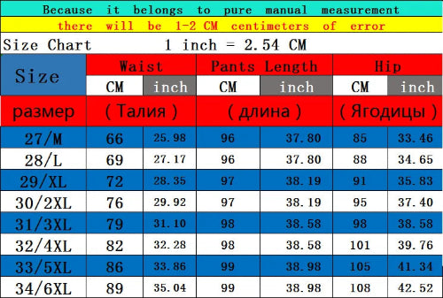 Size chart for waist, pants length, and hip measurements with conversion to inches.