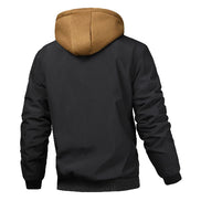 Black jacket with a brown hood on a white background