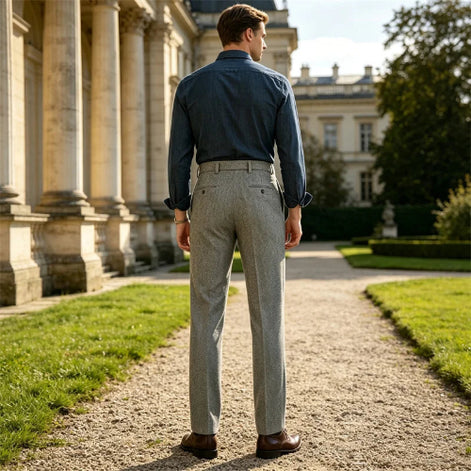 Gray herringbone pleated suit trousers seen from behind as a man walks down a garden path