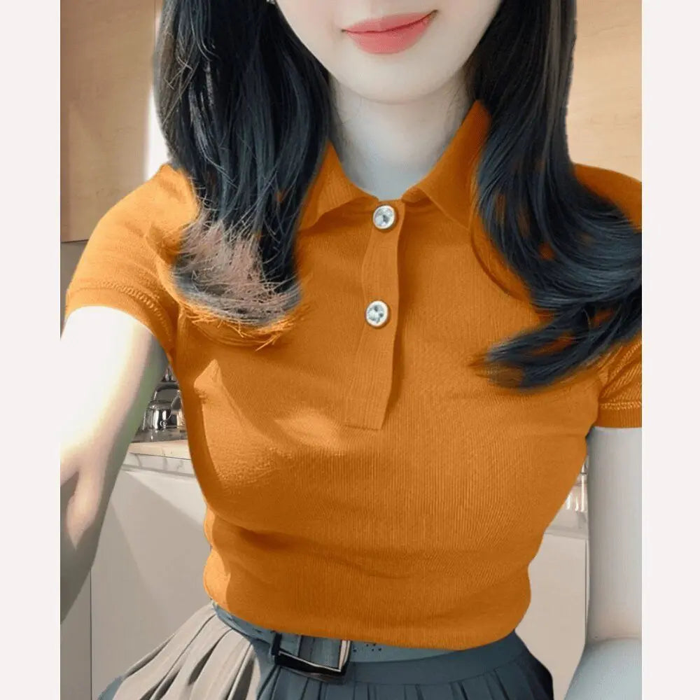 2026 Summer New Solid Color Short Sleeve Stylish Slim Fit Korean Style Polo Collar Hot Girl Top for Women