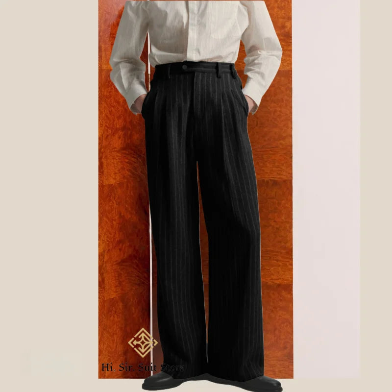 Men's Striped Dress Pants Old Money Wide Leg Baggy Pleated Casual Pinstriped Trousers Loose Fit Elastic Waist Vintage Slacks
