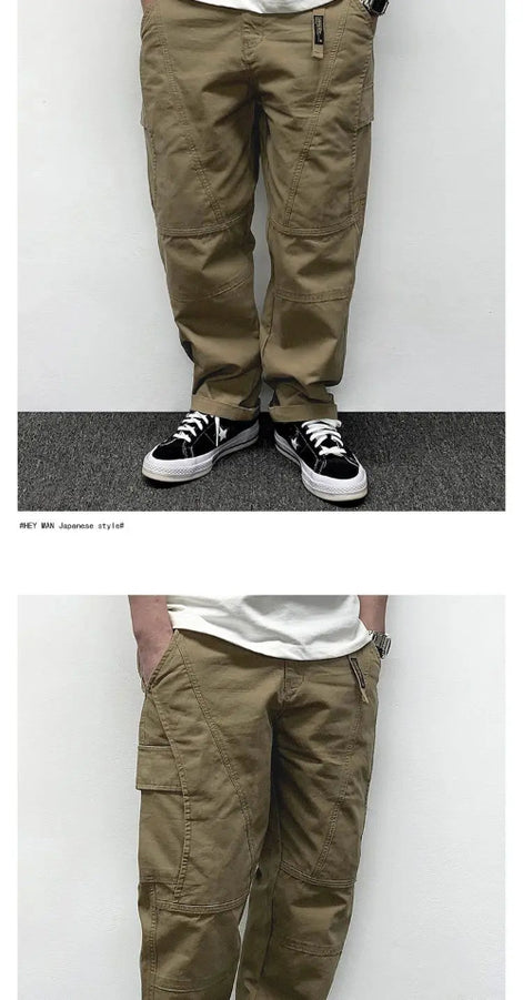 Two front-angle views of a model wearing khaki loose-fit cargo pants, showing large flap thigh pockets, curved seam detailing, and stitched knee panels.