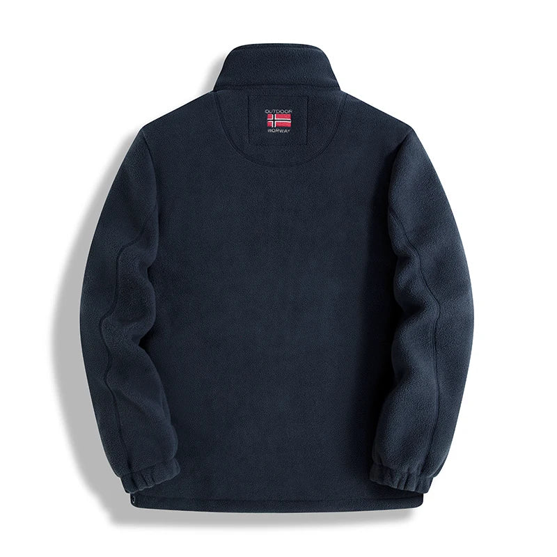 Navy blue fleece jacket with brand logo on a white background