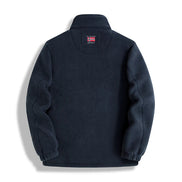 Navy blue fleece jacket with brand logo on a white background