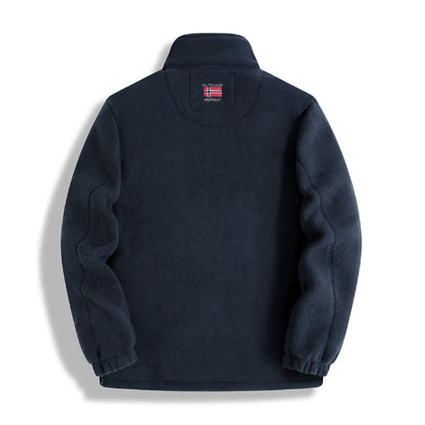 Navy blue fleece jacket with brand logo on a white background