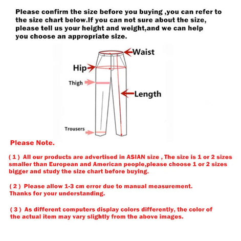 Pants measurement guide showing waist, hip, thigh, length, and leg opening, with supplier notes on Asian sizing and a 1–3 cm manual measurement allowance.