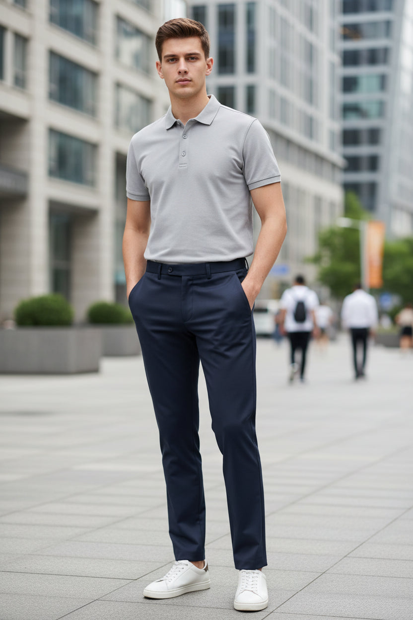 Dark gray pants hanging on a rack against a gray background