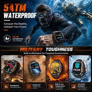 Promotional graphic for a rugged smartwatch with a 5ATM waterproof rating and military toughness. 