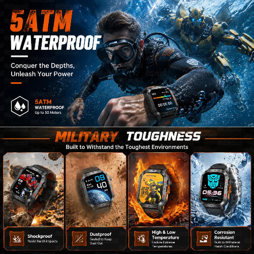 Promotional graphic for a rugged smartwatch with a 5ATM waterproof rating and military toughness. 