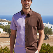 Short-sleeve shirt with a two-tone design of purple and brown on a white background