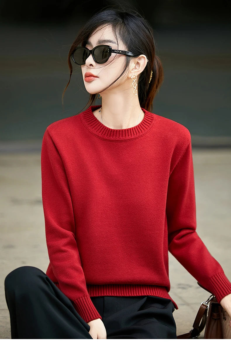 Women's autumn and winter 100% pure cotton knitted round neck soft pullover casual solid color warm sweater fashionable hot sell