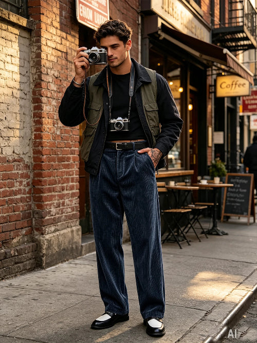 A man stands on a city sidewalk wearing a black long-sleeve shirt, olive green utility vest, dark blue corduroy pants, and black-and-white loafers, 