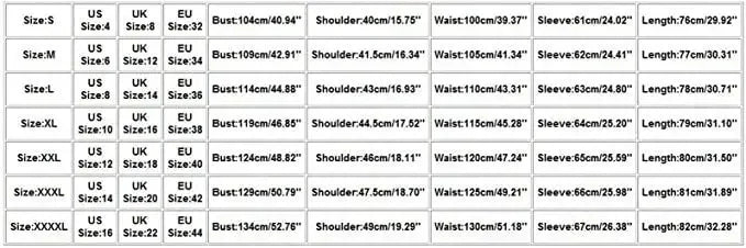 Women's jacket size chart for S–4XL showing US, UK and EU sizes with bust, shoulder, waist, sleeve and length measurements in centimeters and inches