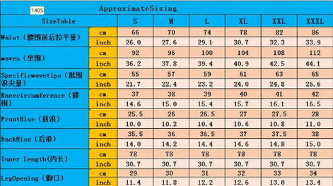 Size chart with approximate sizing for waist, hips, and leg opening measurements in both centimeters and inches.