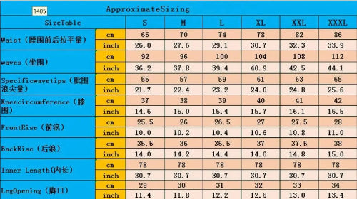 Jeans size chart for sizes S–XXXL showing waist, hip, thigh, knee, rise, inseam, and leg-opening measurements in centimeters and inches.