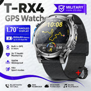 A silver and black T-RX4 GPS smartwatch with a mesh band, shown on a white and blue promotional background wi