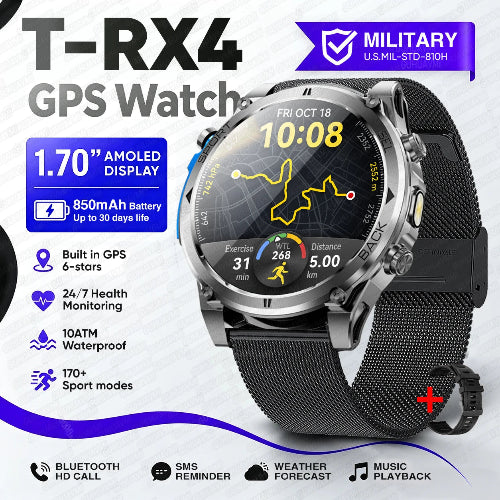 A silver and black T-RX4 GPS smartwatch with a mesh band, shown on a white and blue promotional background wi