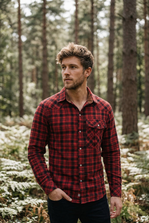 Red and black plaid shirt with brown collar on a white background