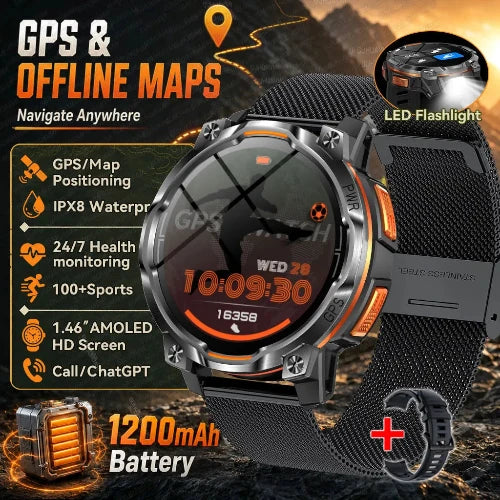 A rugged smartwatch with a black mesh strap and metallic silver case, shown with promotional text highlighting GPS and offline maps, LED flashlight, health monitoring, large AMOLED screen,