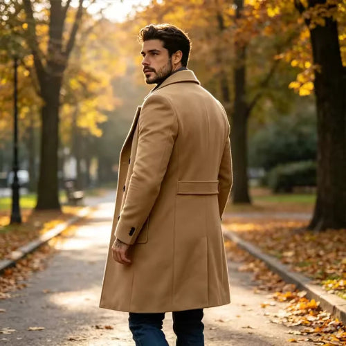 A man wearing a mid-length camel brown coat and blue jeans stands on a tree-lined path with fallen leaves, looking back over his shoulder.