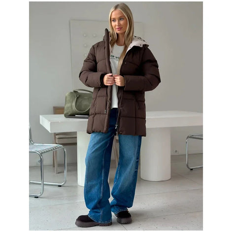 Brown Hooded Quilted Cotton Jacket Fashion Waist Cinch Drawstring Zip Pocket Warm Coat 2026 Women's Winter Casual Street Outfit