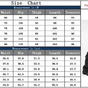 Size chart for baggy cargo jeans in sizes S–3XL, showing waist, hip, thigh, length, and trouser opening measurements in centimeters and inches.
