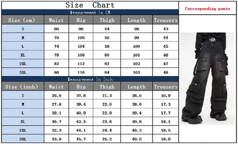 Size chart for baggy cargo jeans in sizes S–3XL, showing waist, hip, thigh, length, and trouser opening measurements in centimeters and inches.