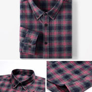 A folded long-sleeve plaid button-up shirt shown on a white background, with two smaller detail panels below showing the collar and fabric close-up. 