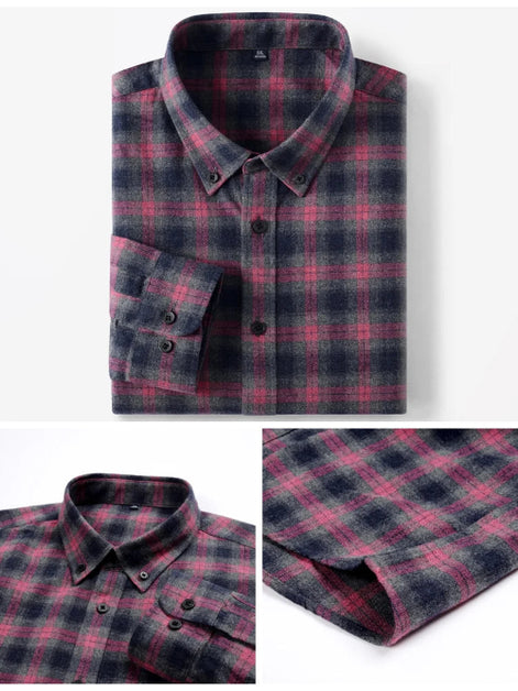 A folded long-sleeve plaid button-up shirt shown on a white background, with two smaller detail panels below showing the collar and fabric close-up. 