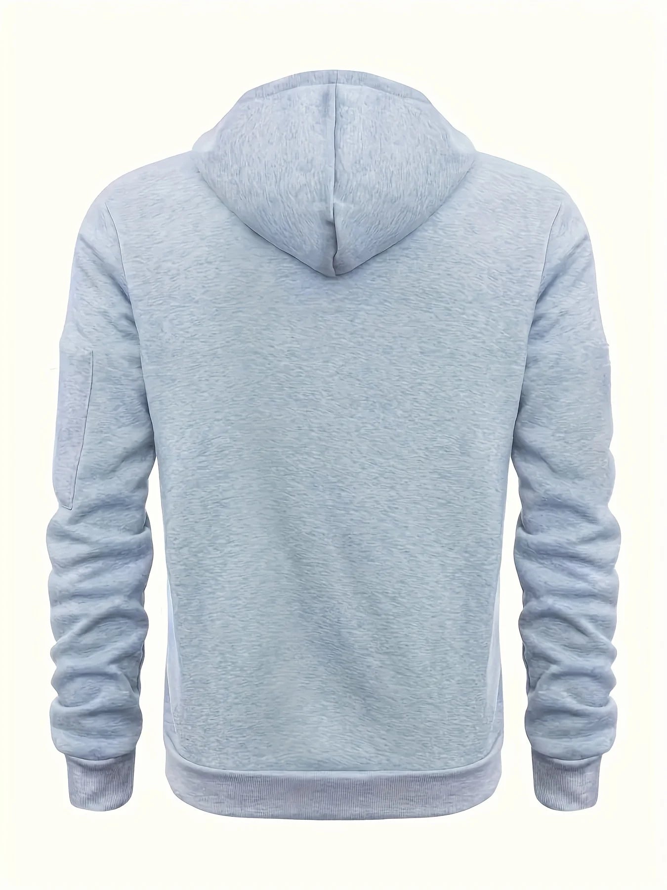 A light heather gray hoodie shown from the back, featuring a classic hood, long sleeves, and ribbed cuffs and hem, set against a plain off-white background.