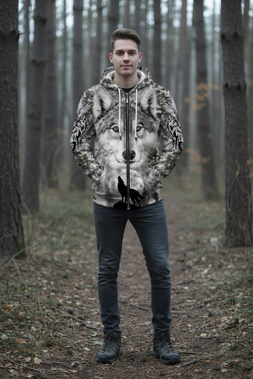 Hoodie with wolf design on a white background