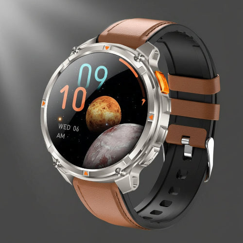 Smartwatch with brown and black band on a dark background, featuring battery capacity 