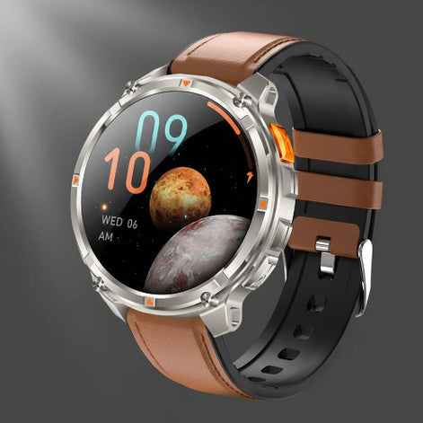 Smartwatch with brown and black band on a dark background, featuring battery capacity 