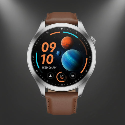 Smartwatch with brown and black band on a dark background, featuring battery capacity and waterproofing information.
