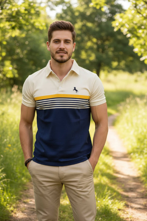 Man wearing a polo shirt with a horse logo on a blurred background