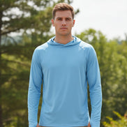 Light blue hoodie with a brand logo on a white background