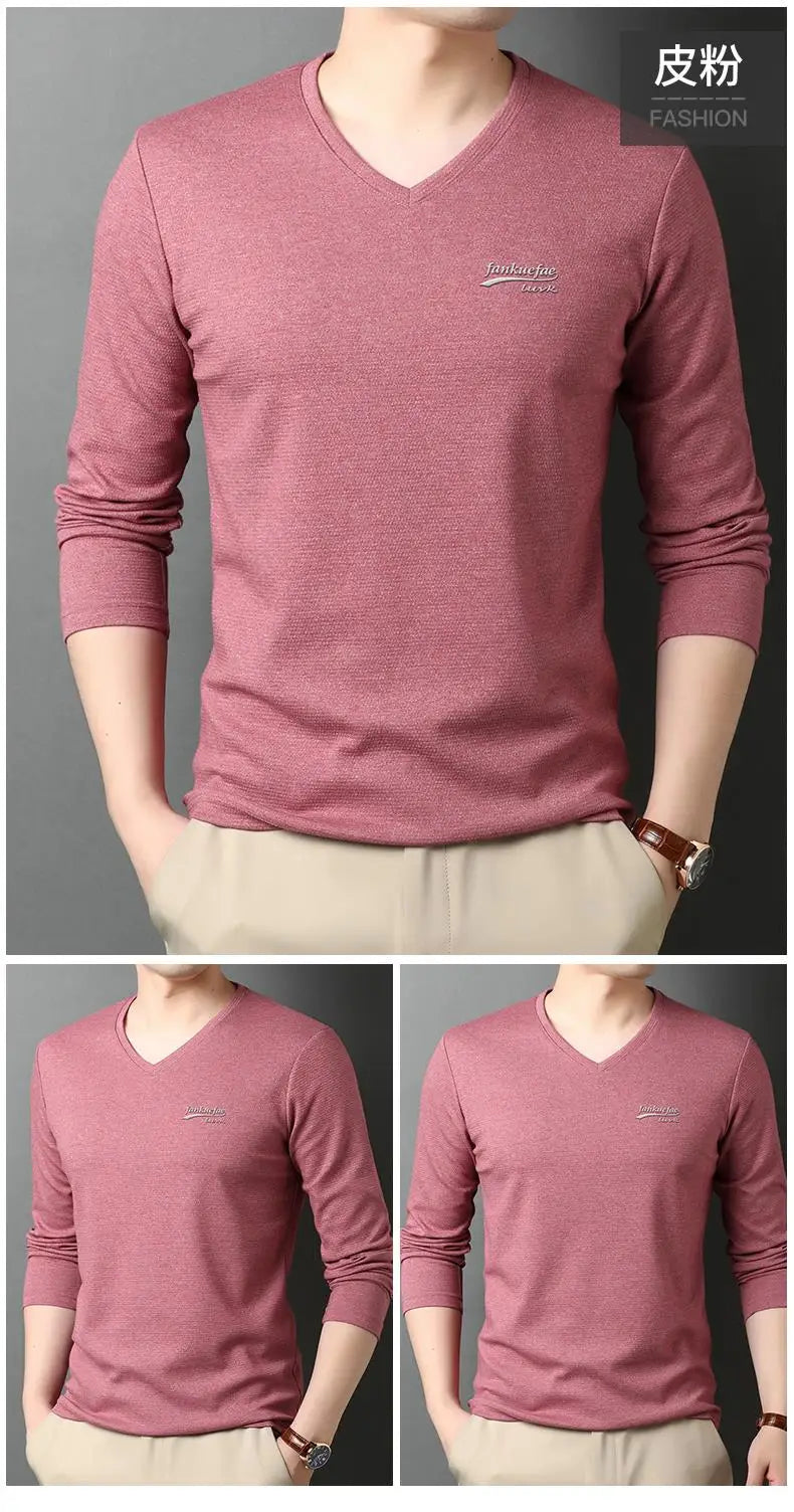 Top Quality New Fashion Brand Solid Color Plain V Neck Long Sleeve t Shirt Men Cotton Casual Men Clothes 2025