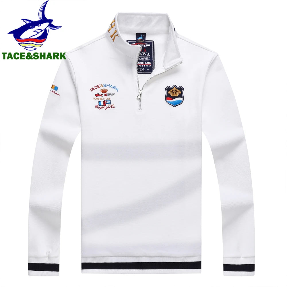 TACE&SHARK Fashion Men‘s Shark Embroidery Long Sleeve Polo Shirt Cotton Casual Wear Business Solid Color Tops
