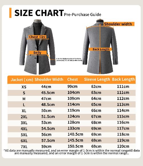 Size chart for a gray jacket with measurements labeled