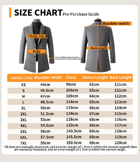 Size chart for a gray jacket with measurements labeled