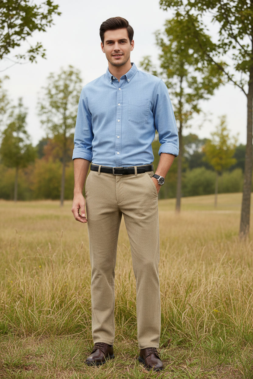 Beige pants worn by a person on a white background