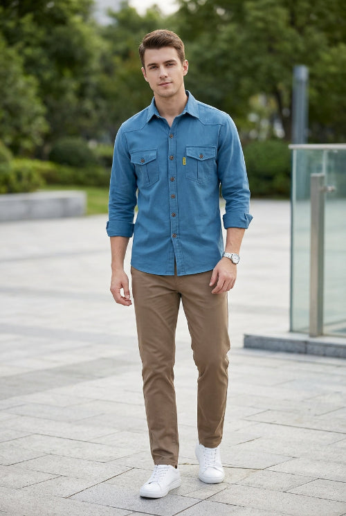 Blue denim shirt with two front pockets on a white background