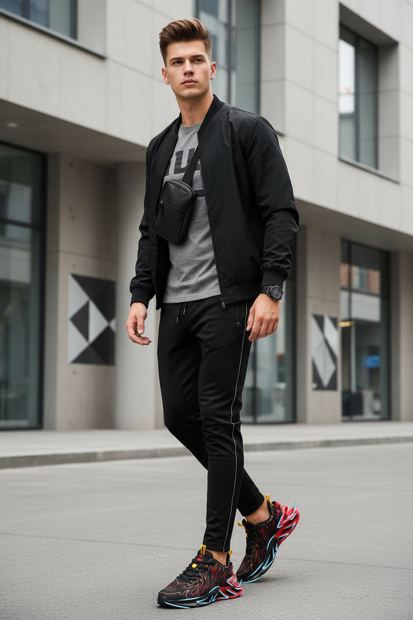 Black sneakers with red and blue flame designs on a reflective surface with a gray background