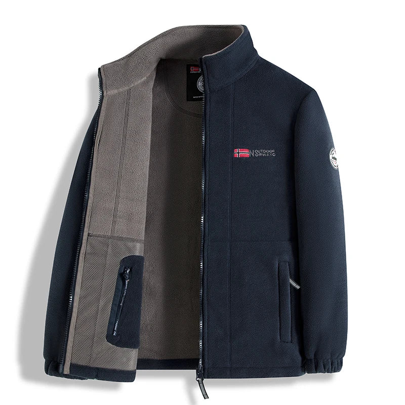 Navy jacket with a brand logo on a white background