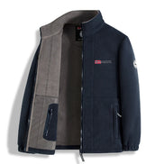 Navy jacket with a brand logo on a white background