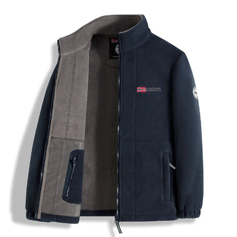 Navy jacket with a brand logo on a white background