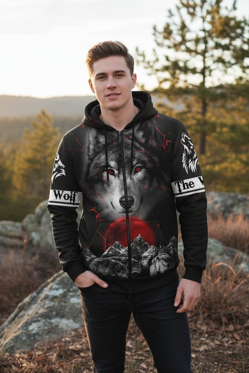 Black hoodie with wolf design and red moon on a white background